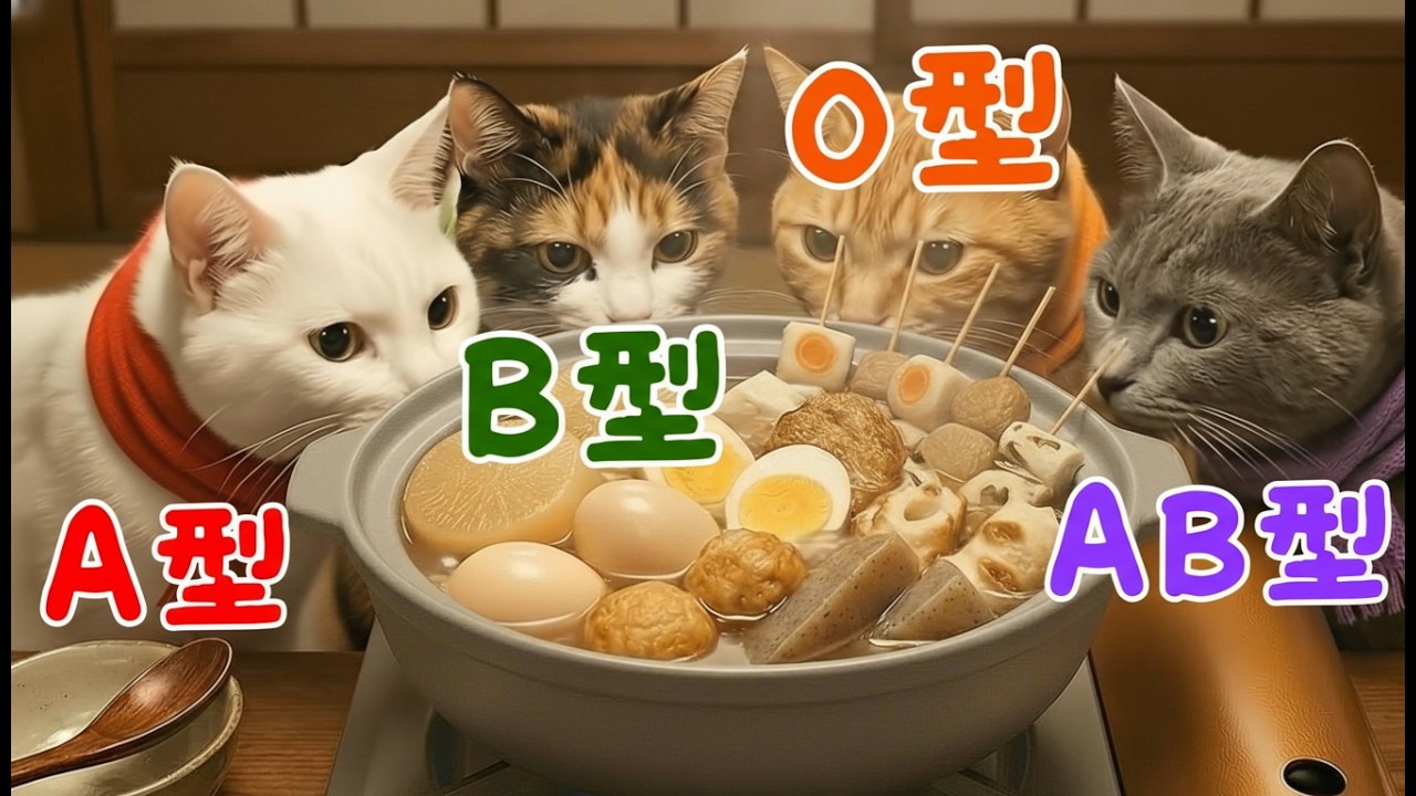 【意外な違い？】もしも猫が冬の味覚を楽しんだら？🐱🔥ホカホカの鍋と香ばしい焼きおにぎりに悶絶必至！血液型ごとの「こだわり」を徹底比較