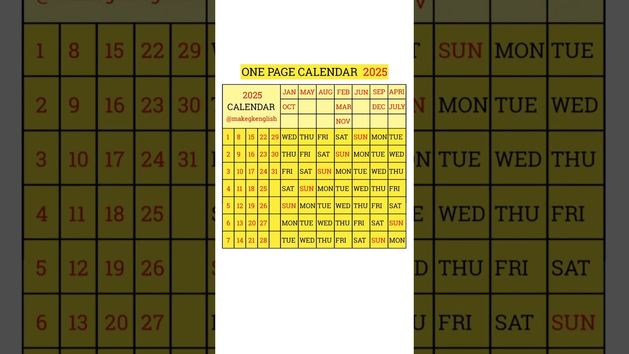 One Page Calendar 2025 | 2025 Calendar #shorts #youtubeshorts #calendar #calendartricks
