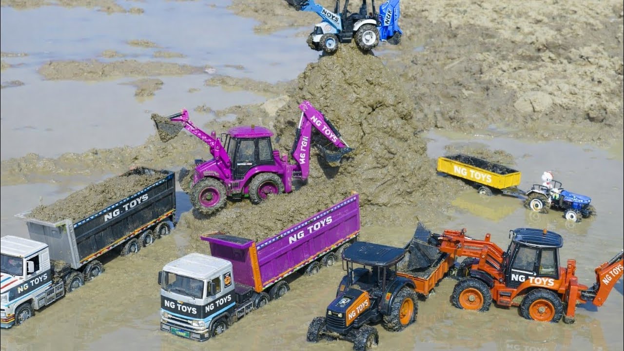 JCB Tractor Cartoon Video | JCB 5CX Muddy Accident Pulling Out Swaraj Tractor Mahindra Tractor