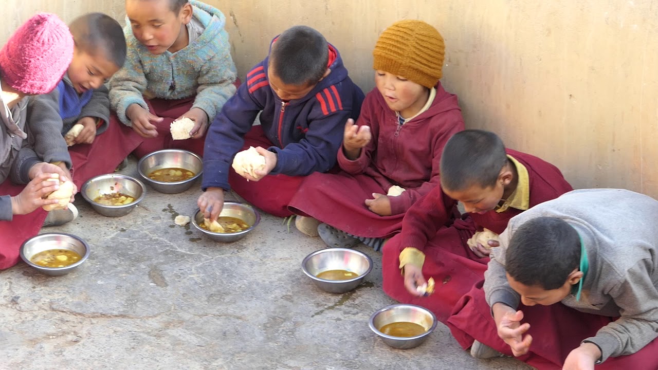 Little Monks having their Dinner at Key Monastery, Kaza, Himachal Pradesh India