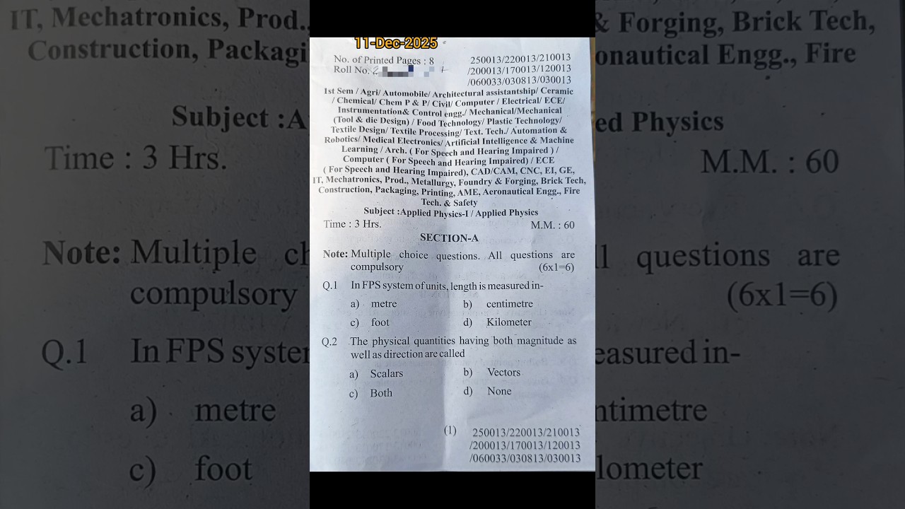 Applied Physics- I, Diploma First Year, 2025, 