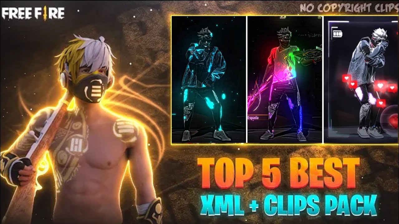 TOP 5 XML+CLIPS || FF LOBBY CLIPS PACK🌟 || FF EMOTE CLIPS || XML+CLIP+CC 🥵