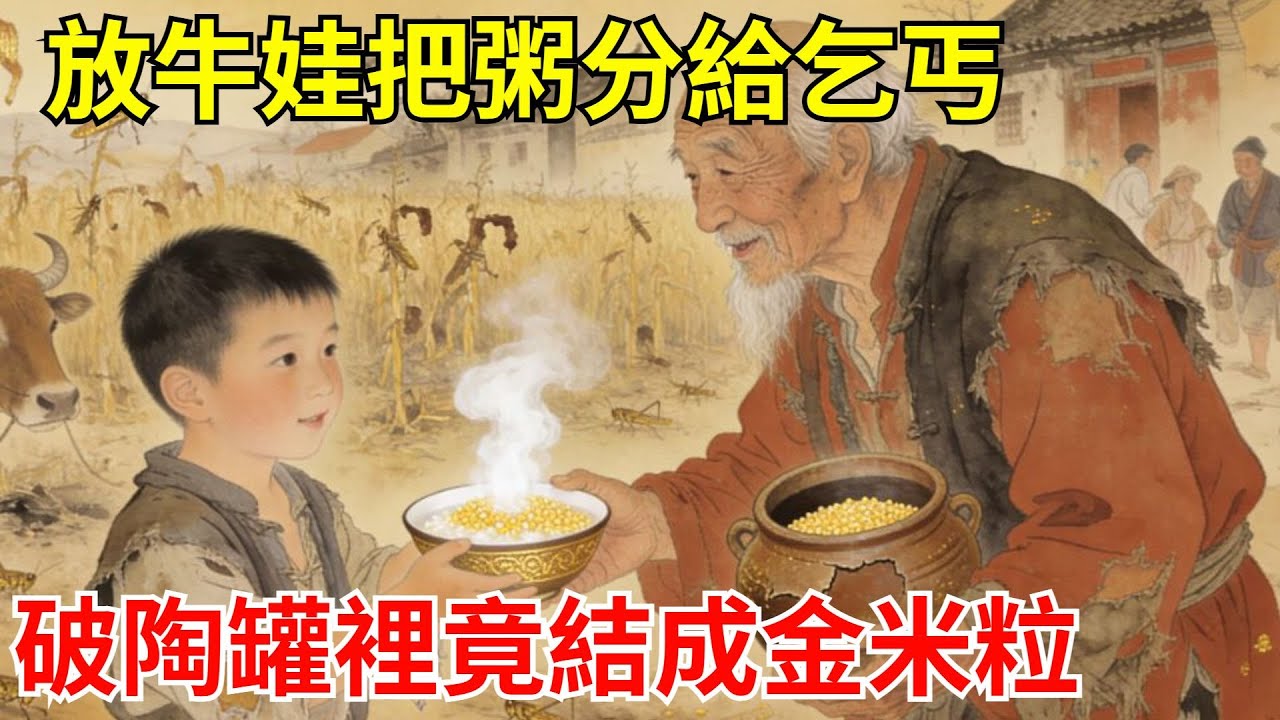 蝗災毀田，10歲放牛娃把最後一碗粥分給乞丐，當夜老丐留的破陶罐裡，窩頭屑竟結成金米粒，煮粥香十裏！#故事頻道#聽書#民間故事#説書#善有善報#爽文