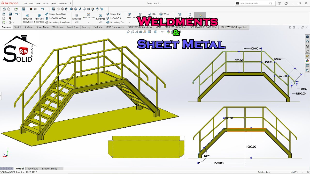Solidworks Tutorial | Weldments & Sheet Metal | Staircase Design - 2