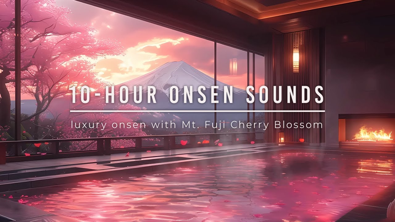 10-hour Water & Fireplace Sounds | Luxury Onsen with Mt. Fuji & Cherry Blossom View