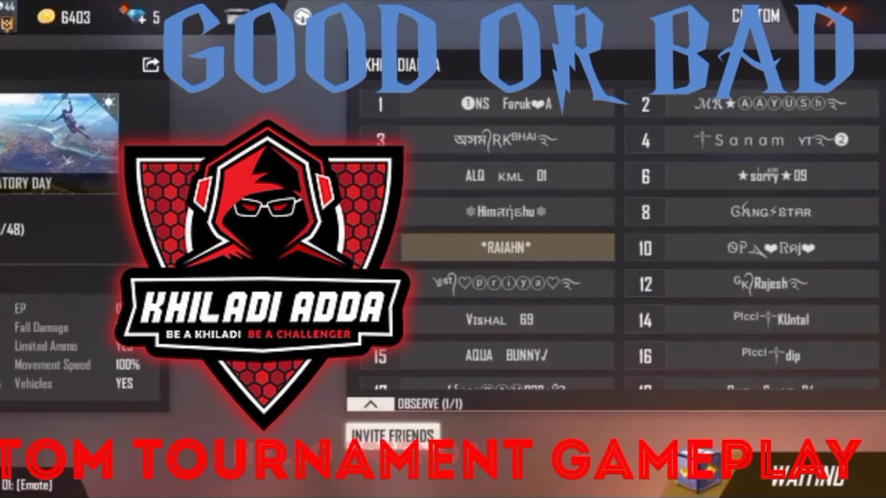 KHILADI ADDA CUSTOM TOURNAMENT GAMEPLAY|| GOOD OR BAD..
