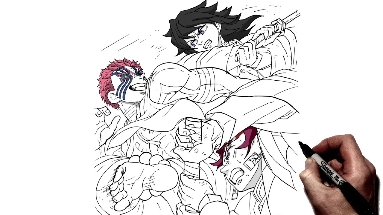 How To Draw Akaza vs Giyu and Tanjiro | Step By Step | KNY Infinity Castle