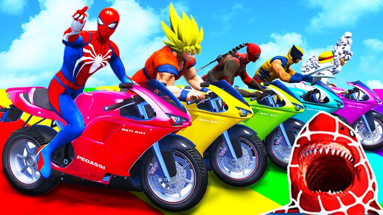 الأبطال الخارقين على القضبان دوامة قمع جسر 🚴‍♂️ SPIDER MAN!on Motorcycle in Spiral Bridge Stunt Rid
