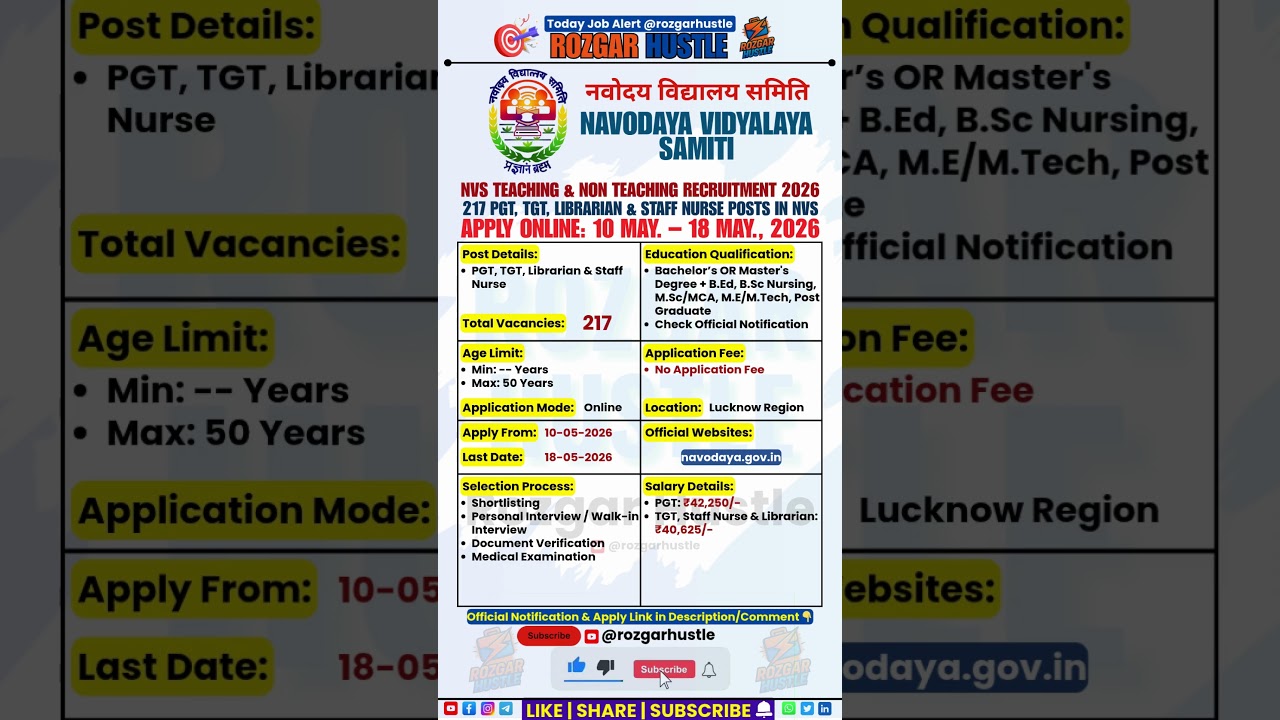 NVS Teaching & Non-Teaching Recruitment 2026 | 217 Posts | Apply Online #shorts #job #nvs