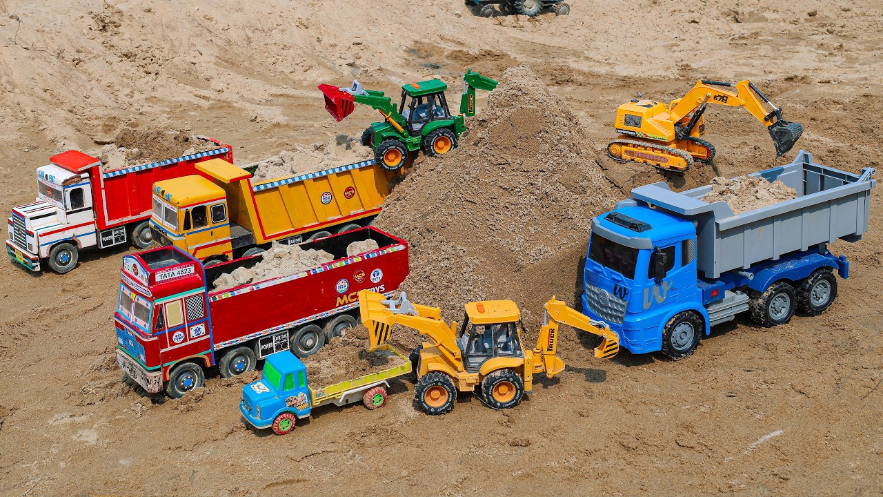 JCB 3DX JCB 5CX JCB Excavator River Stone Mix Sand Loading Trucks Dumper Tractor Pickup | cartoon