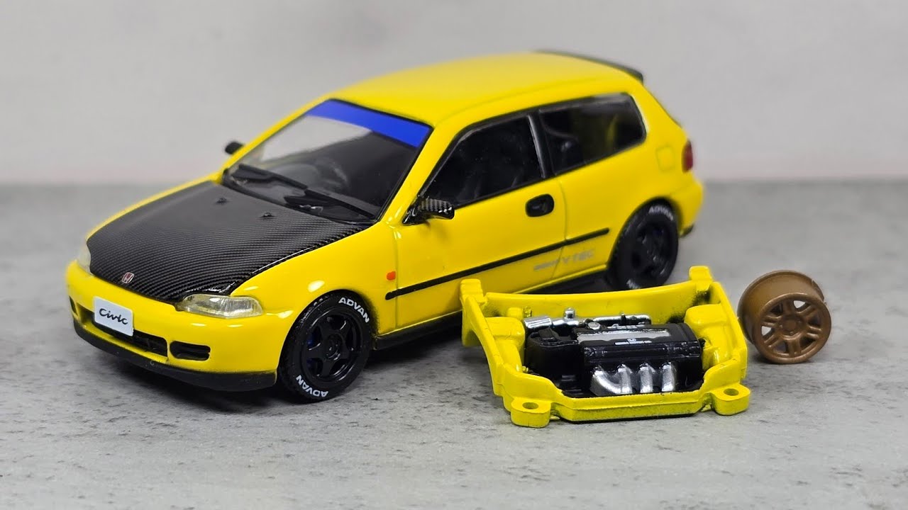 BM Creations 1/64 Honda EG6 Yellow with Carbon Bonnet TOKYO AUTO SALON HONG KONG 2025 SPECIALEDITION