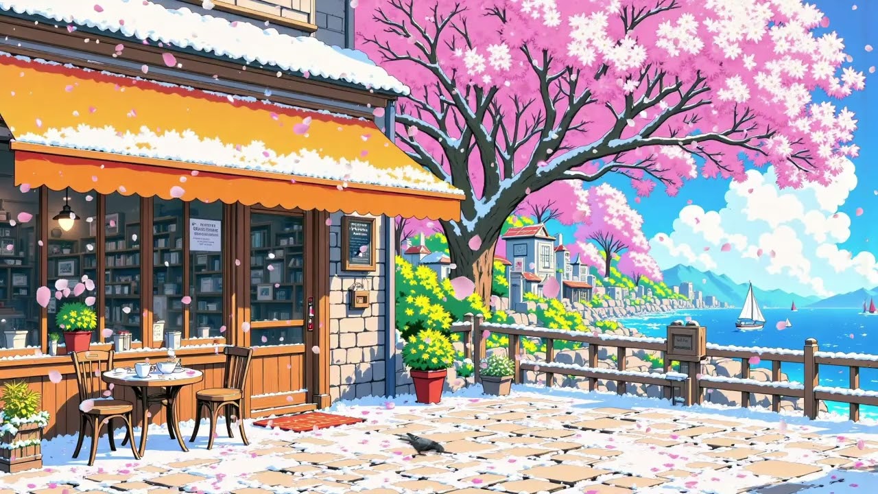 Sunny Sakura Cafe Lofi 🌸 Cozy Seaside Coffee Vibes | Chill Beats for Study, Work & Relax