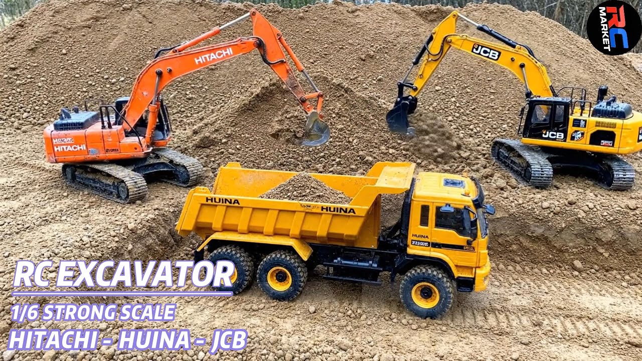 1/16 Scale RC Excavator KOBELCO, HITACHI, JCB & HUINA | Long Arm Gabion Cube Construction Project