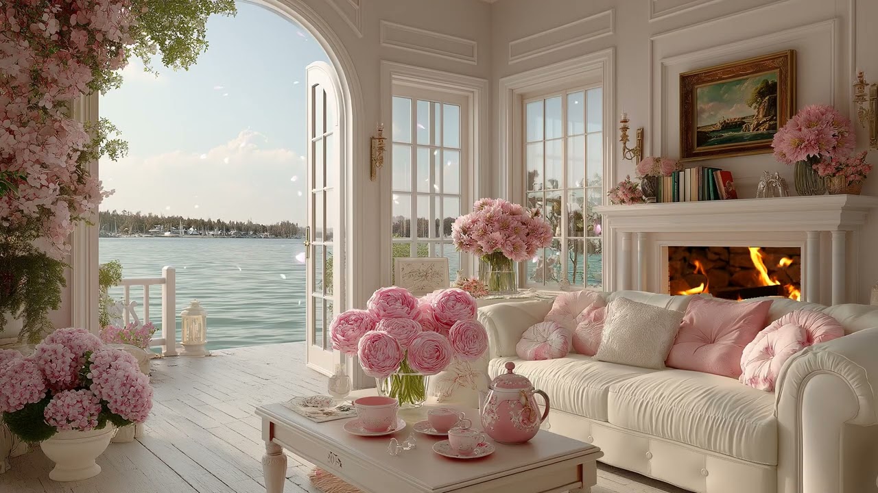 🌸Bright Spring Lounge Piano | 3 Hours Elegant White Fireplace & Flowers | Relax Study Unwind Healing