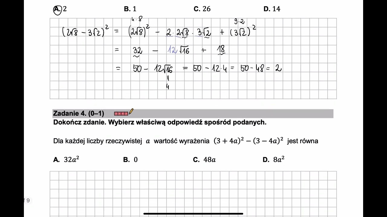 Wzory skróconego mnożenia - rozwiązania zadań 