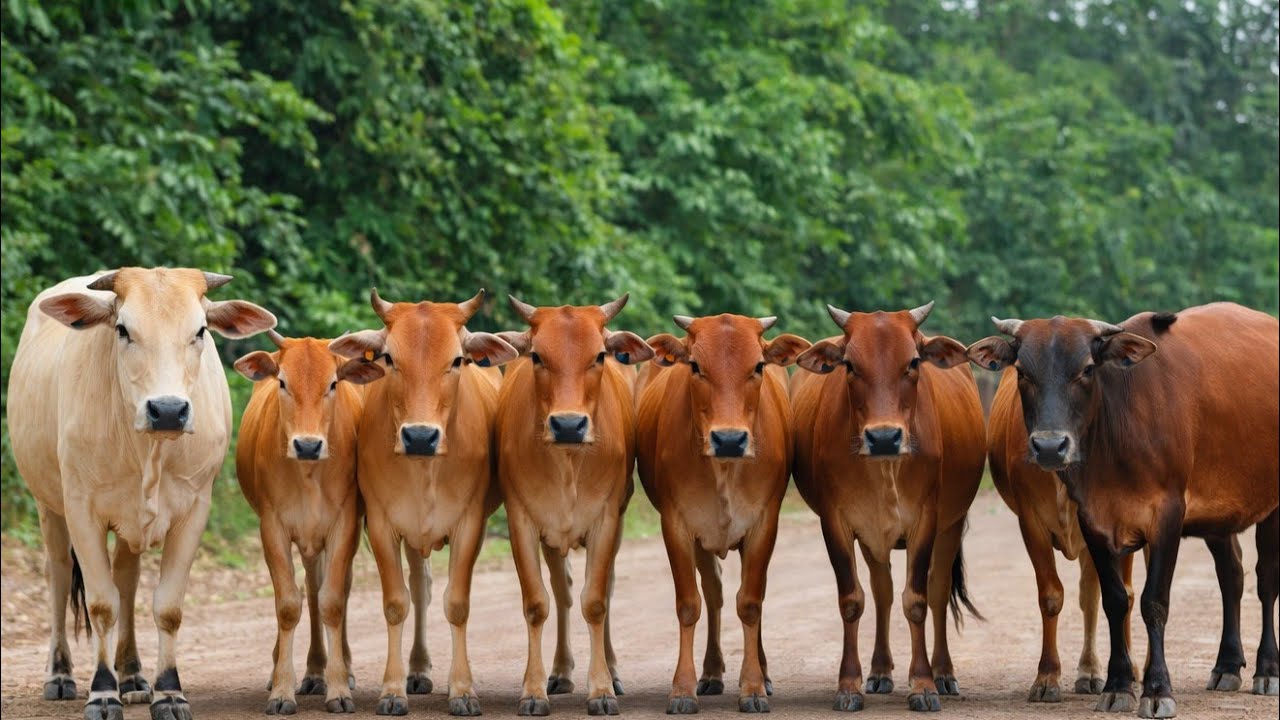 keeping cute, tame cows that walk neatly while walking through the forest