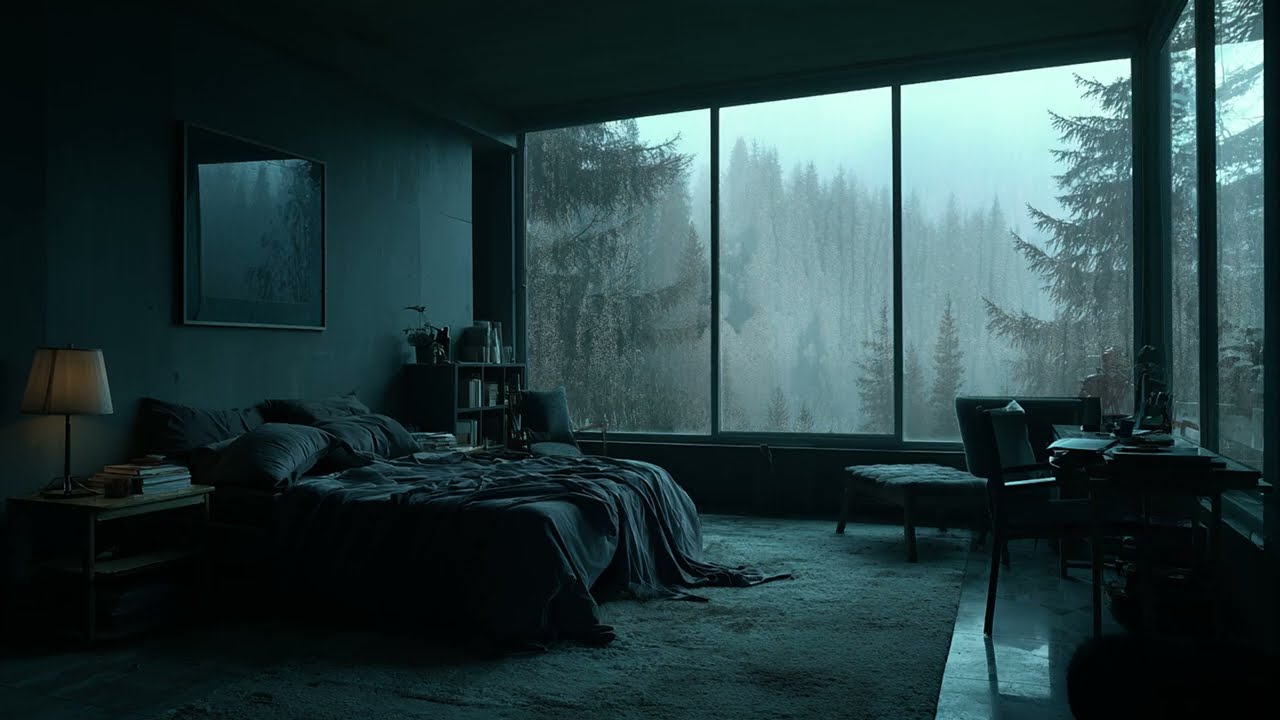 Rain on Window in a Forest Bedroom - Heavy Rainstorm Ambience for Deep Sleep and Calmness