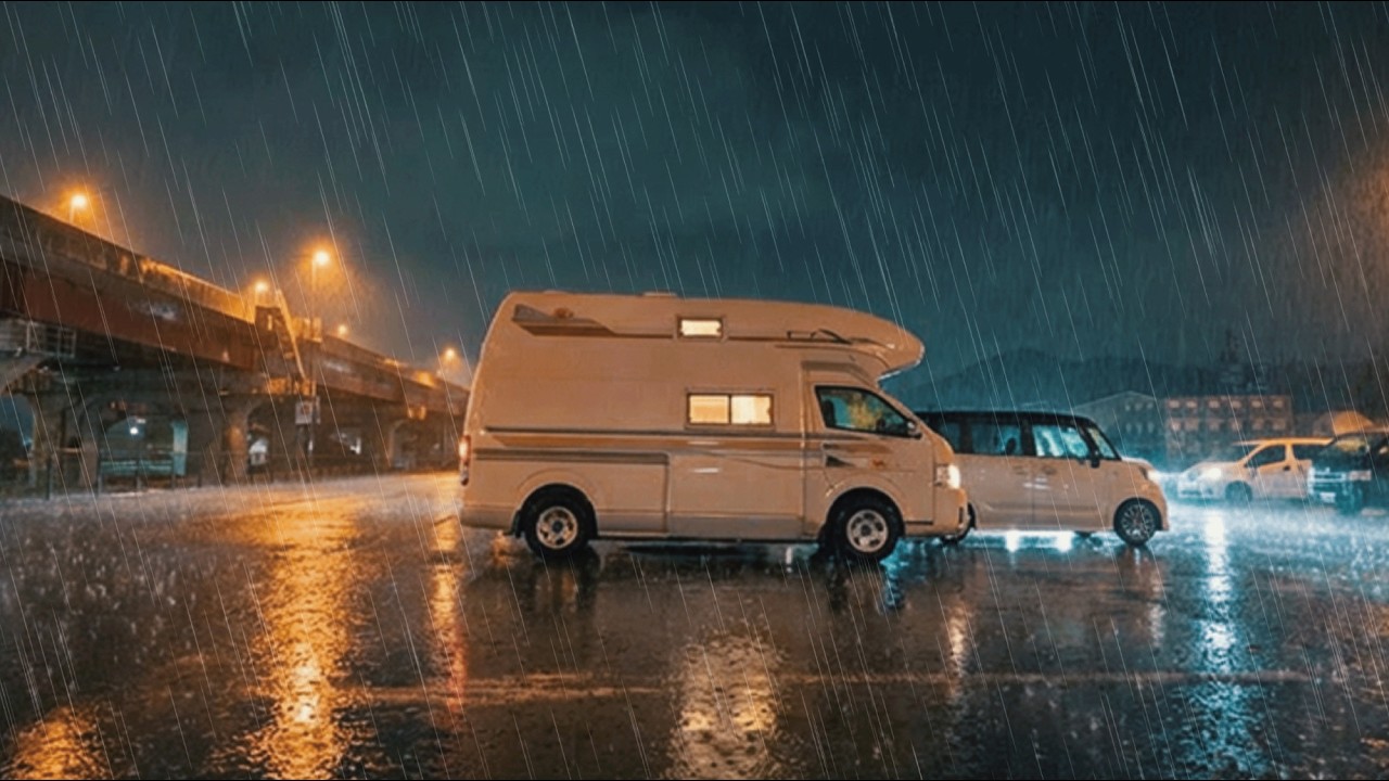 [大雨の車中泊旅]深夜、不安になるほど大雨が降る。【DIYハイエースキャンピングカー】