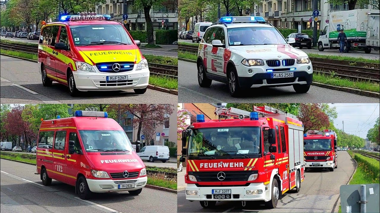 Feuerwehr und Rettungsdienst München auf Einsatzfahrt zu Brand im Klinikum Harlaching
