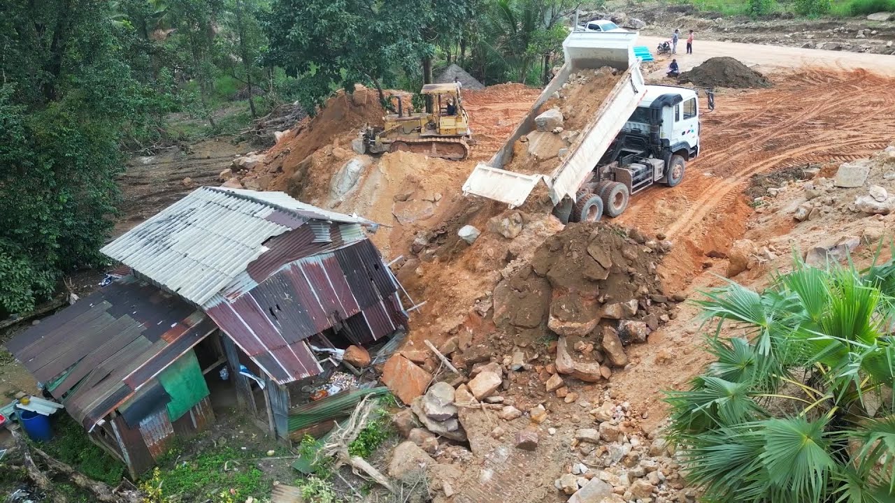 Mix! Incredible! Land filling 15T Trucks Unloading & Dozer D41P Pushing Rocks into the Farm House