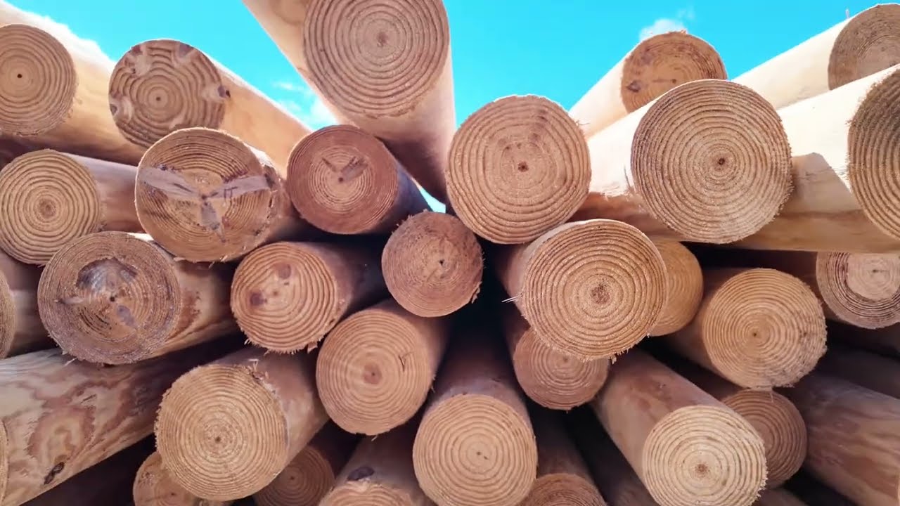 How are utility poles made? See it from logs with bark to smooth round pole!