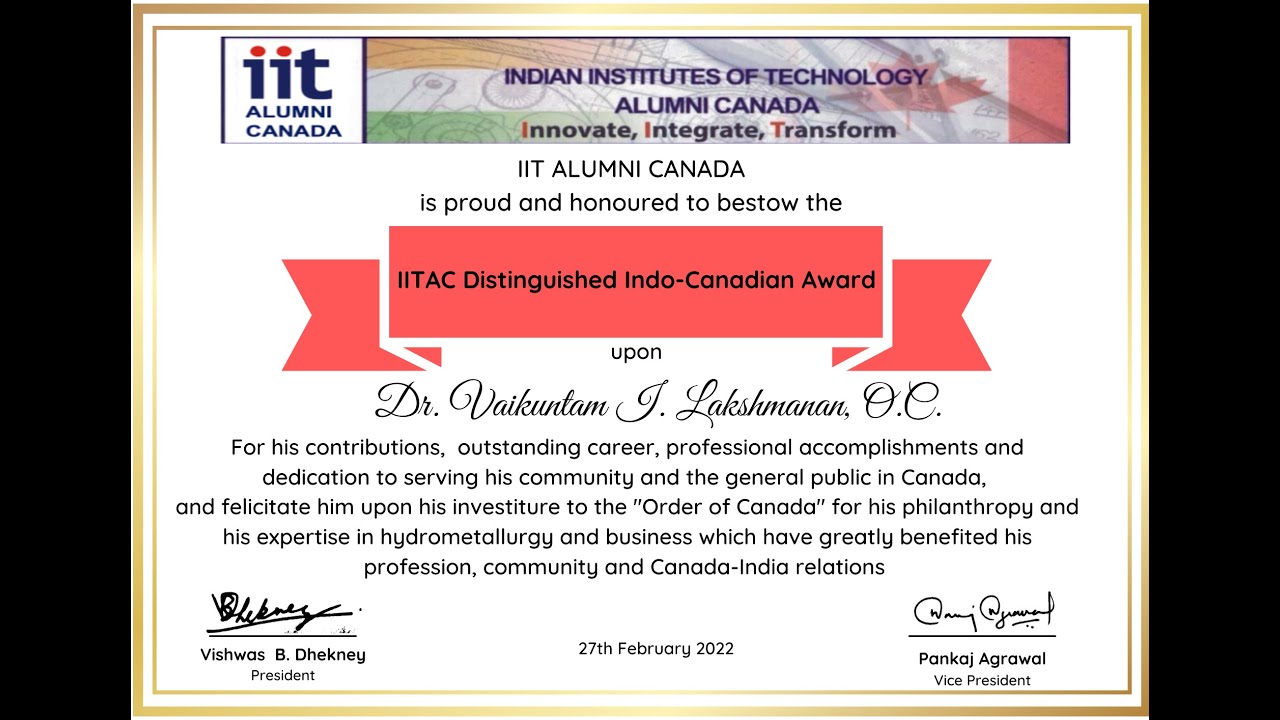 Felicitation of Dr. V.I.Lakshmanan (Dr. Lucky) by IIT ALUMNI CANADA (IITAC)