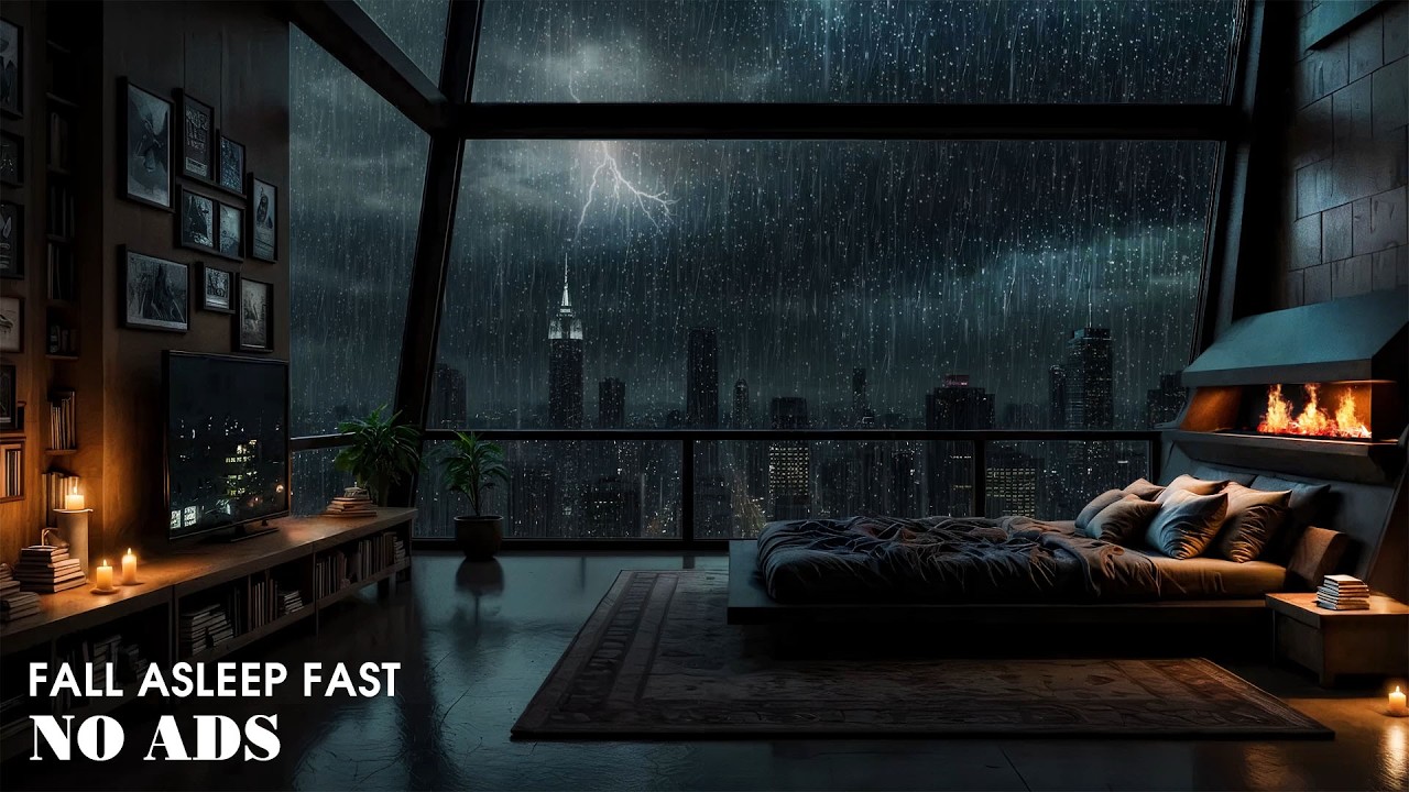 FALL ASLEEP FAST | Dark Cozy Bedroom Rain ⛈️ Soft Thunder & Warm Fireplace for Deep Sleep & relaxing