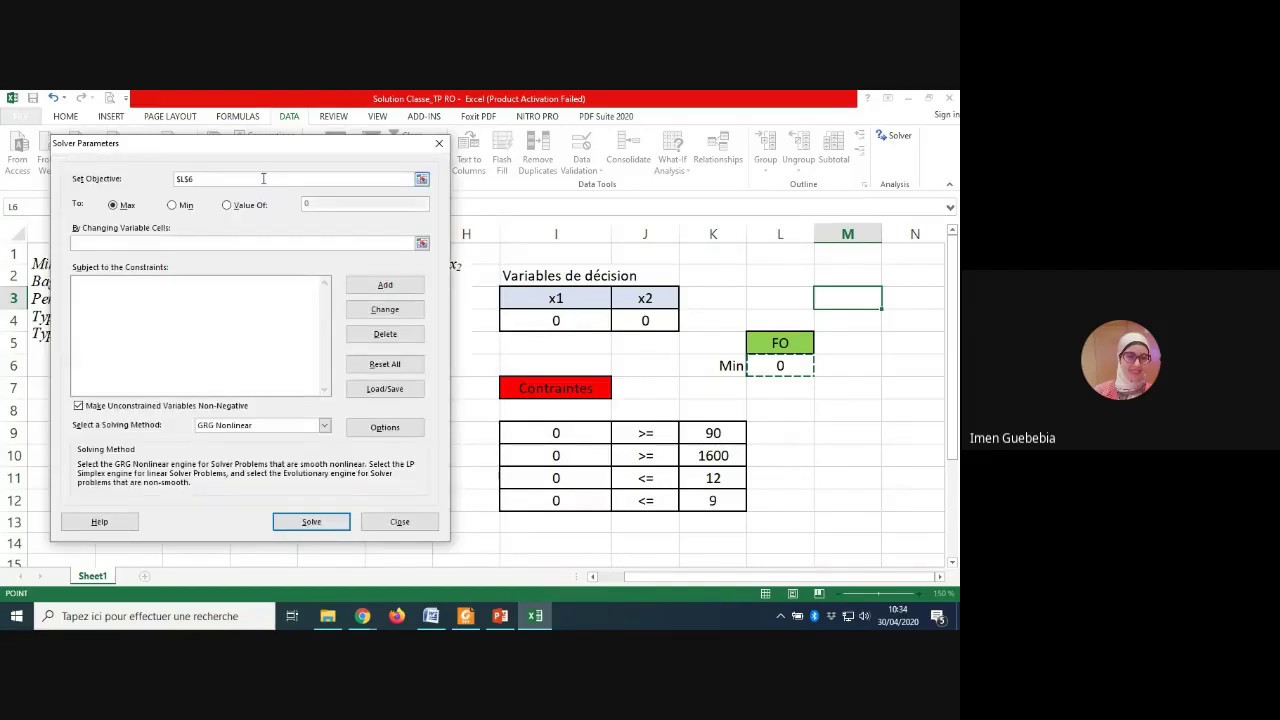 Solveur Excel_Programmation linéaire_Partie 1