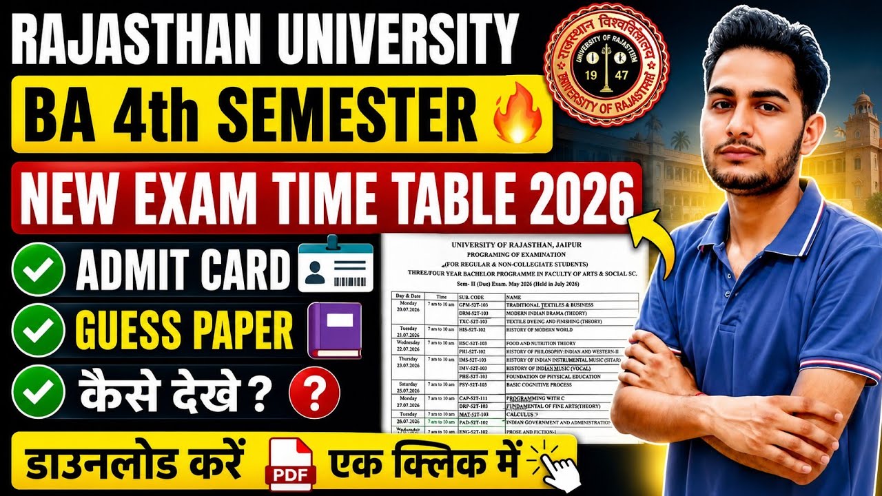 Rajasthan University BA 4th Semester Exam Time Table 2026 🔥 Regular & Non-College Exam | Admit Card 