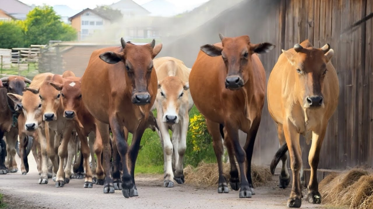 Calm Village Life: Dozens of Cows Moving Together