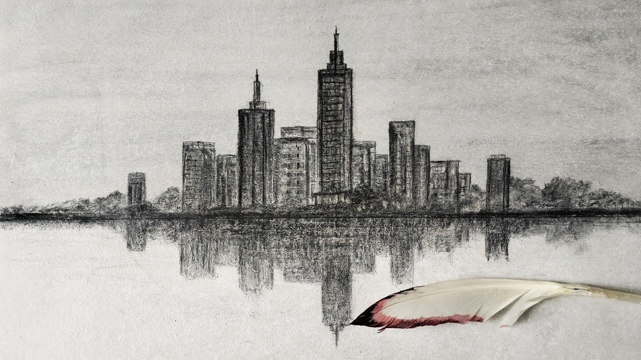 How to draw buildings and river | Charcoal drawings | Building sketch | Landscape | Saqib pencil art