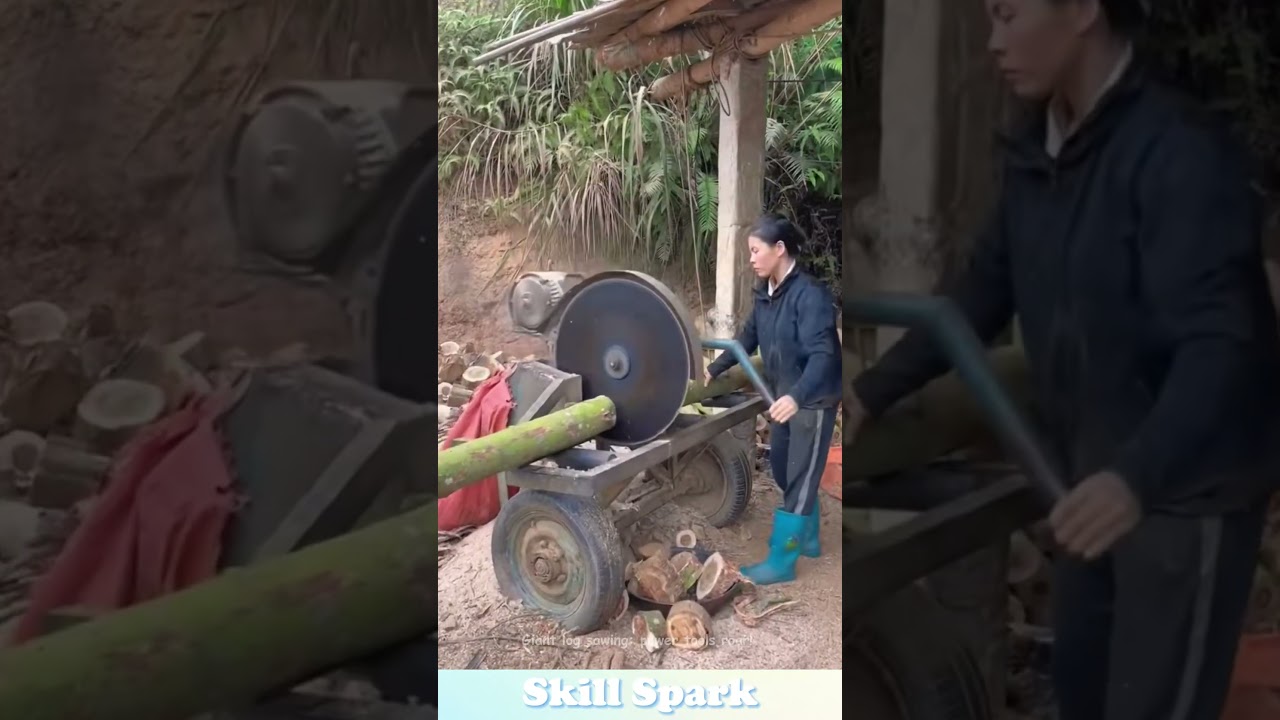 Giant log sawing: power tools roar! #machine  #wood
