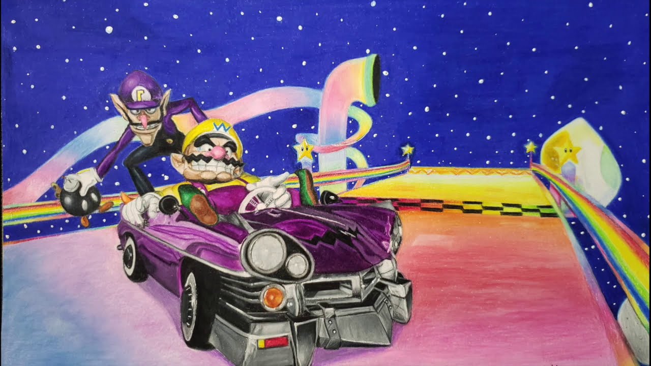 Drawing Wario and Waluigi on Rainbow Road