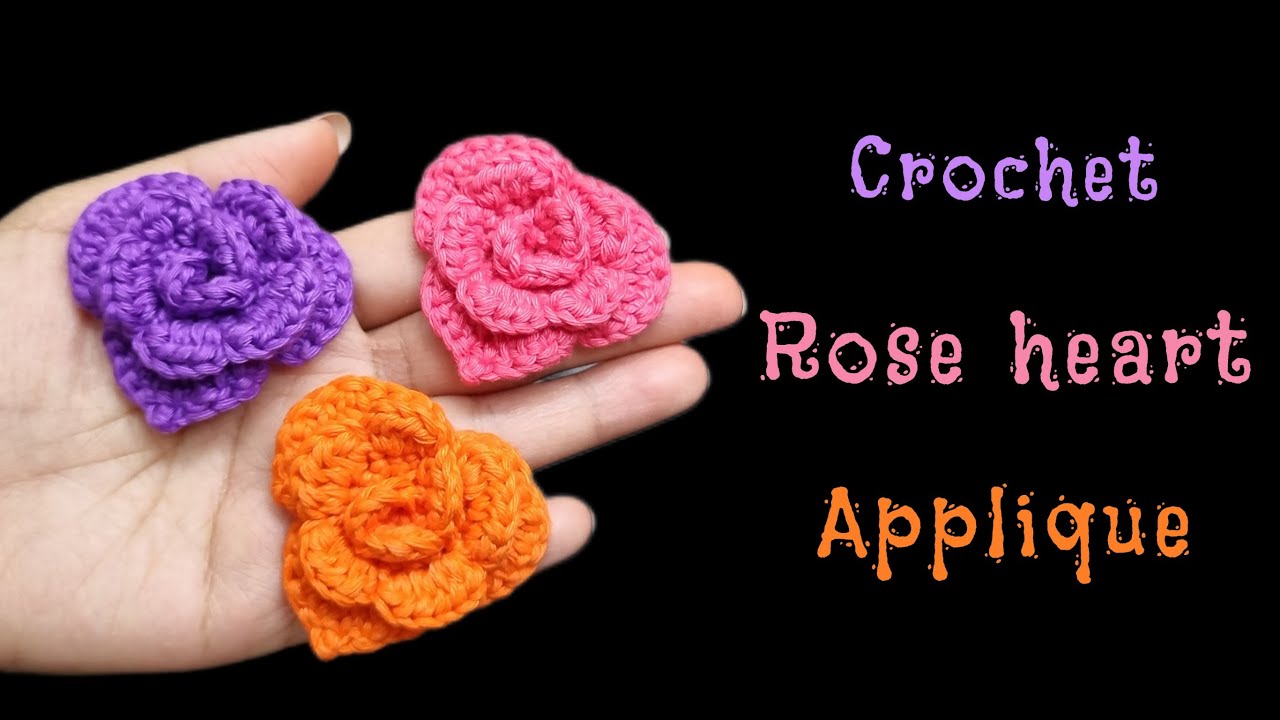 Crochet Rose Heart Applique l Crochet Rose heart tutorial step by step pattern