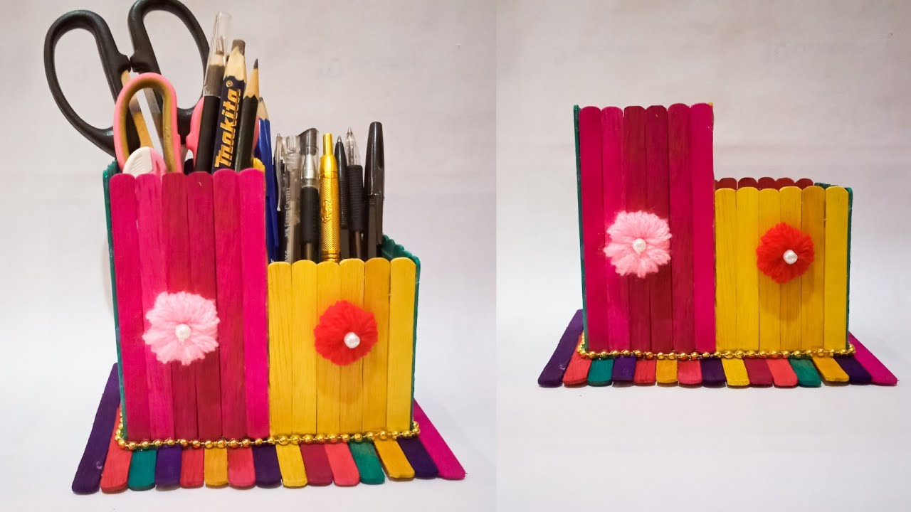DIY pen/pencil holder with ice cream sticks | membuat tempat pensil dari stik es krim | craft ideas
