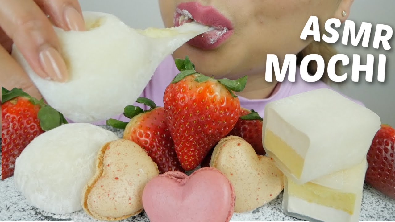 Soft Sticky Mochi and Macaron with Fresh crunchy Strawberry *Relaxing Eating sounds | N.E Let's Eat