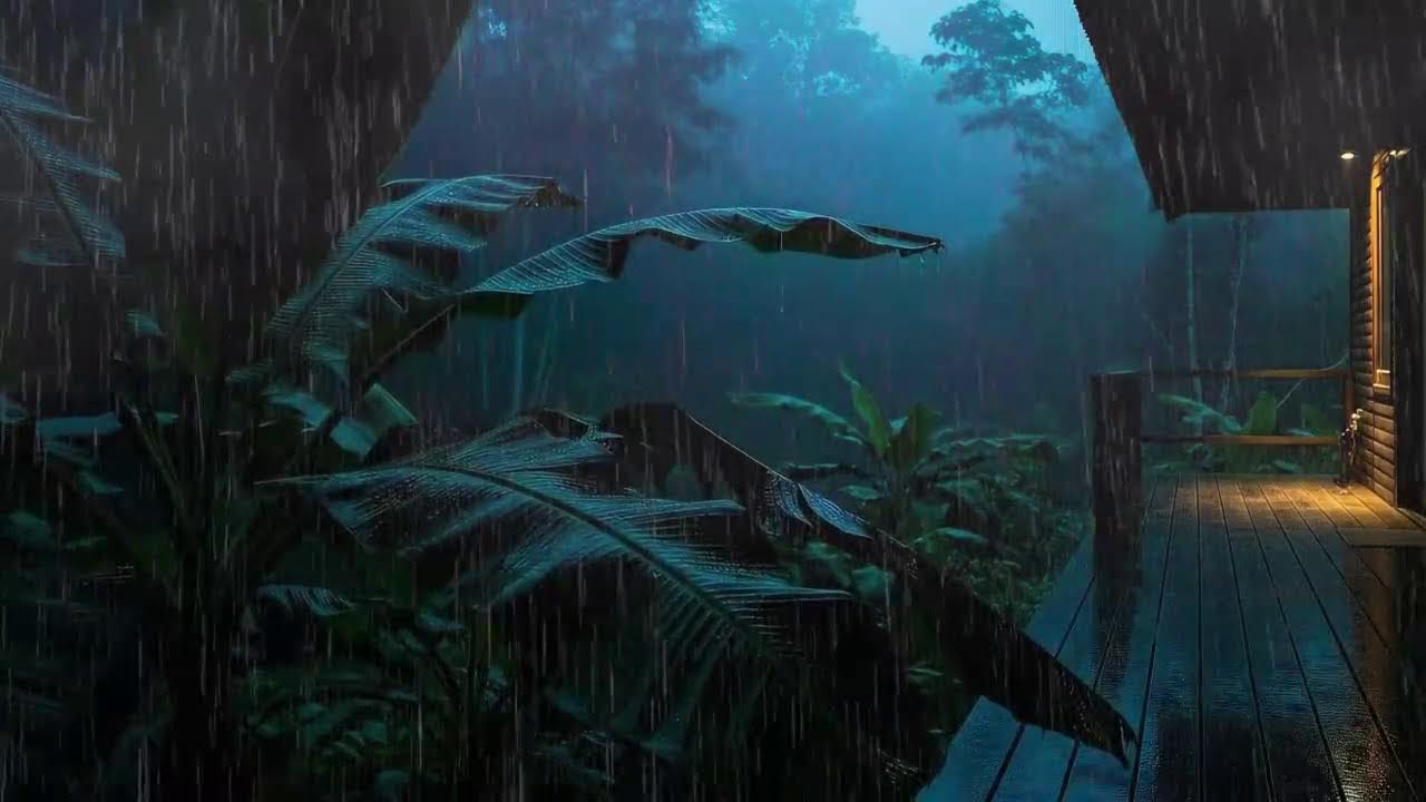 Quick Sleep with Steady Rain Sounds and Low Rumble at Forest Cabin Terrace 🌧️