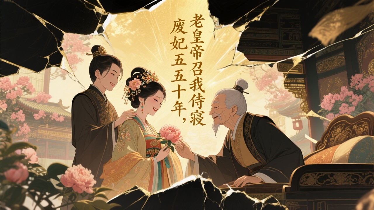 【古风言情】上新啦✨《废妃五十年，老皇帝召我侍寝》漫剧故事，曾宠冠六宫，却突然失宠五十年。八十岁的皇帝今夜召见，我们都老了。他问：知道为什么吗？随着记忆回溯，真相浮出水面——原来当年失宠，是他送我的…
