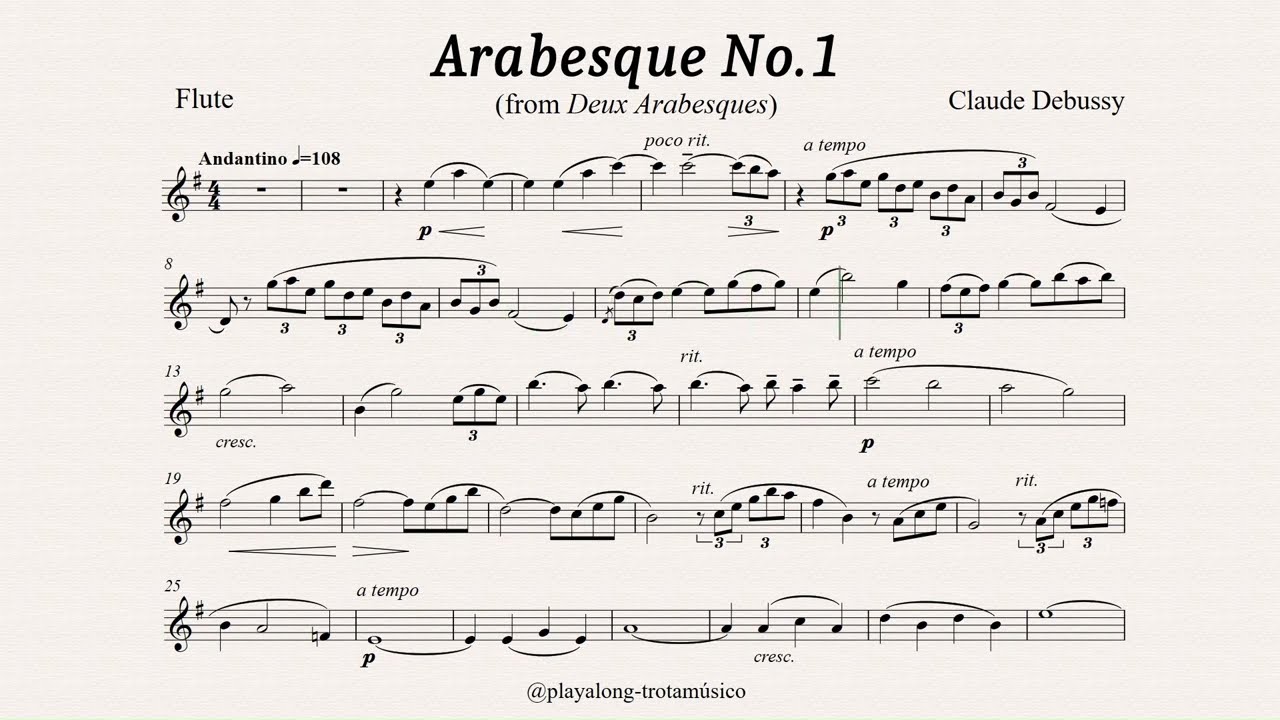 Flute Playalong - Arabesque No.1 (Debussy) Flute sheet music with Piano accompaniment