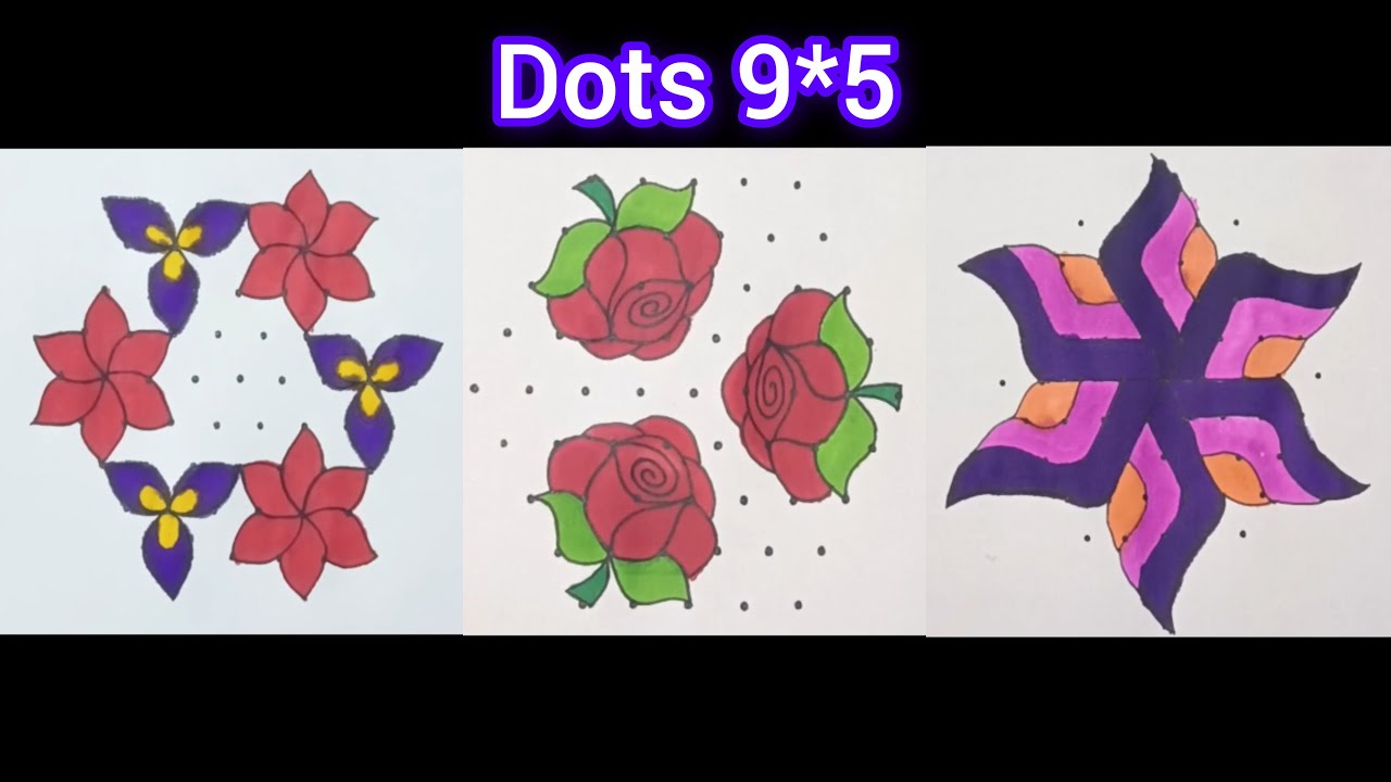 Easy three flowers 🌹 rangoli kolam design/ dots 9*5 #mugulu #rangoli #easyrangoli #flowerrangoli 