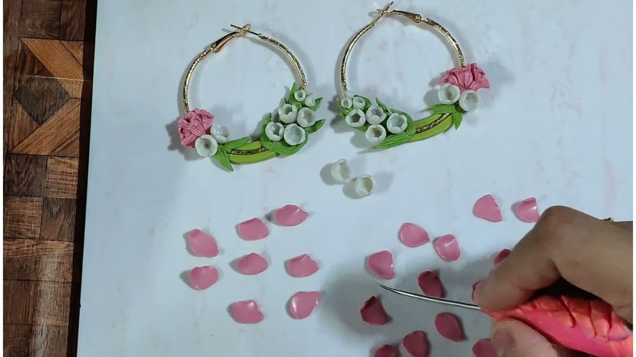 Floral Hoop Polymer clay earrings Metal hoops with pink carnation white lily of the valley flowers