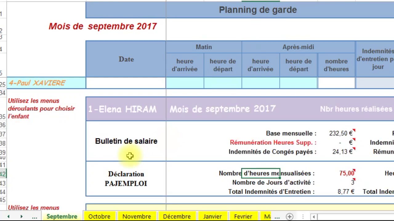 Planning de Presence PAJEMPLOI V4 pour Assistante maternelle