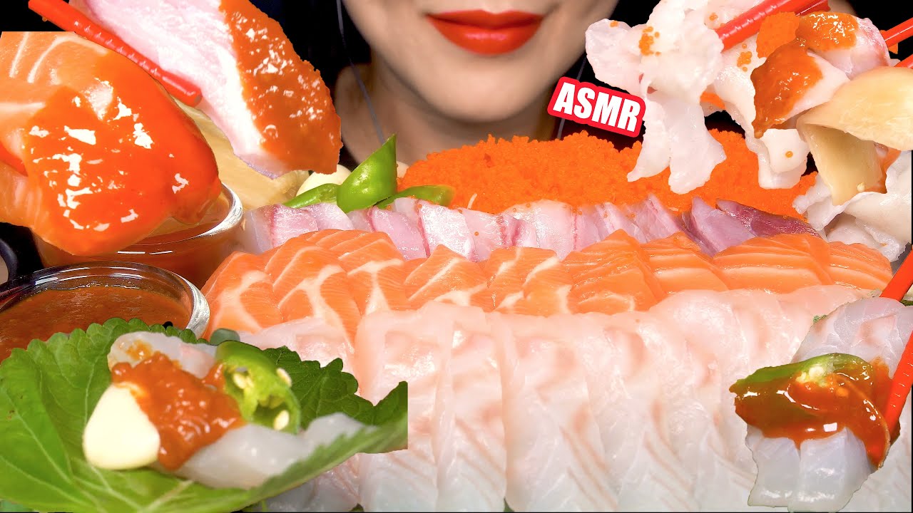 TOBIKO EGGS Flatfish, red drum, salmon sashimi ASMR MUKBANG 날치알  광어, 점성어, 연어회 모듬회 리얼사운드 먹방