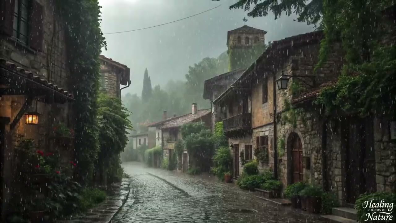 Heavy Rainfall in the Medieval City of Wysteria | Relaxing Sounds for Stress Relief