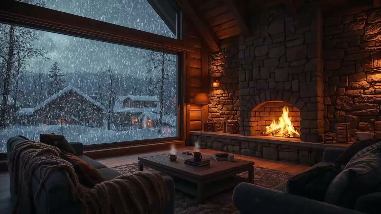 Quiet Snowy Living Room Warm Fireplace Glow at Night