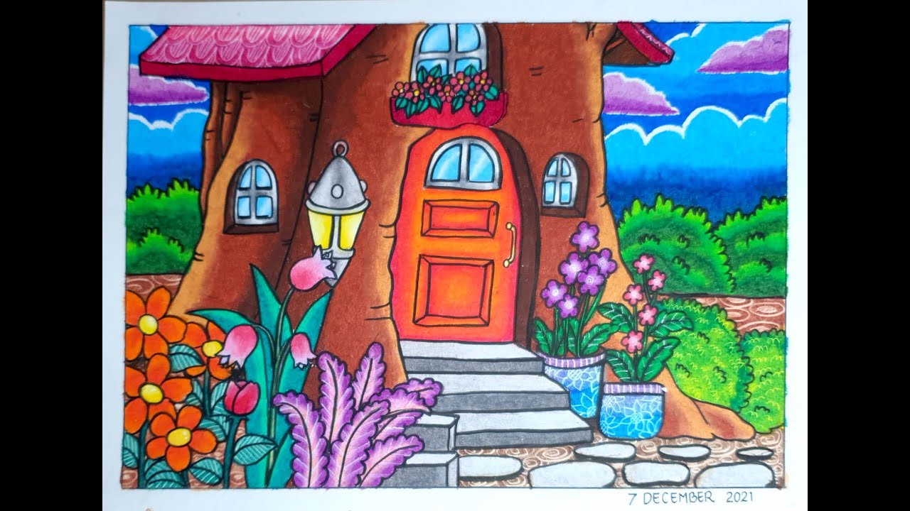 MENGGAMBAR RUMAH POHON - CARA GRADASI WARNA OILPASTEL EP 313
