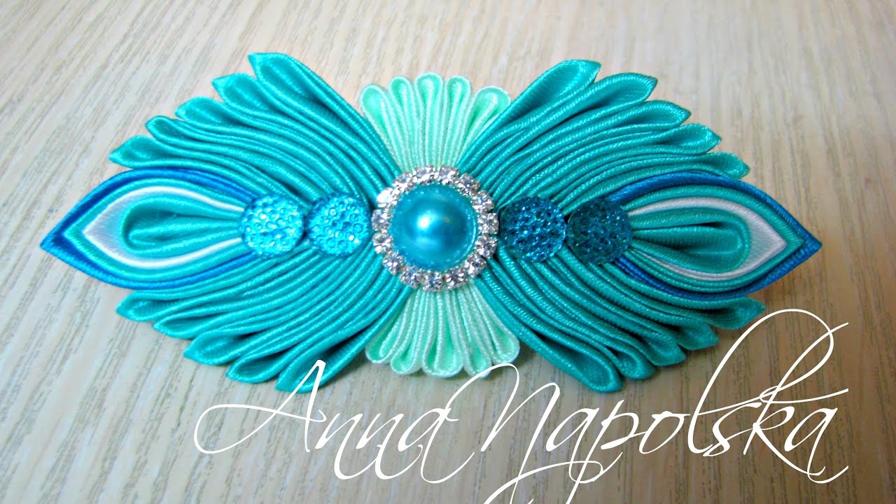 Смарагдова заколка канзаши. Изумрудная заколка своими руками. Hairclip kanzashi