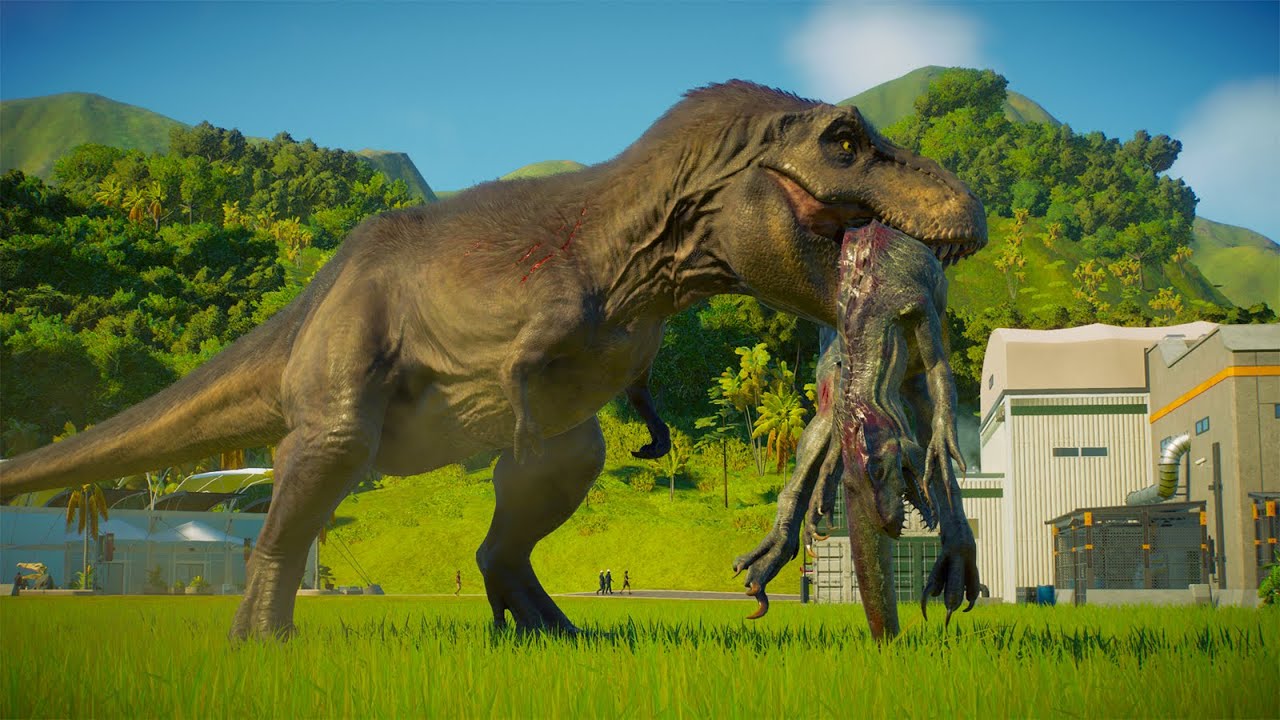 TYRANNOSAURUS REX vs CARNIVORES AND HERBIVORES DINOSAURS BATTLE - Jurassic World Evolution 2