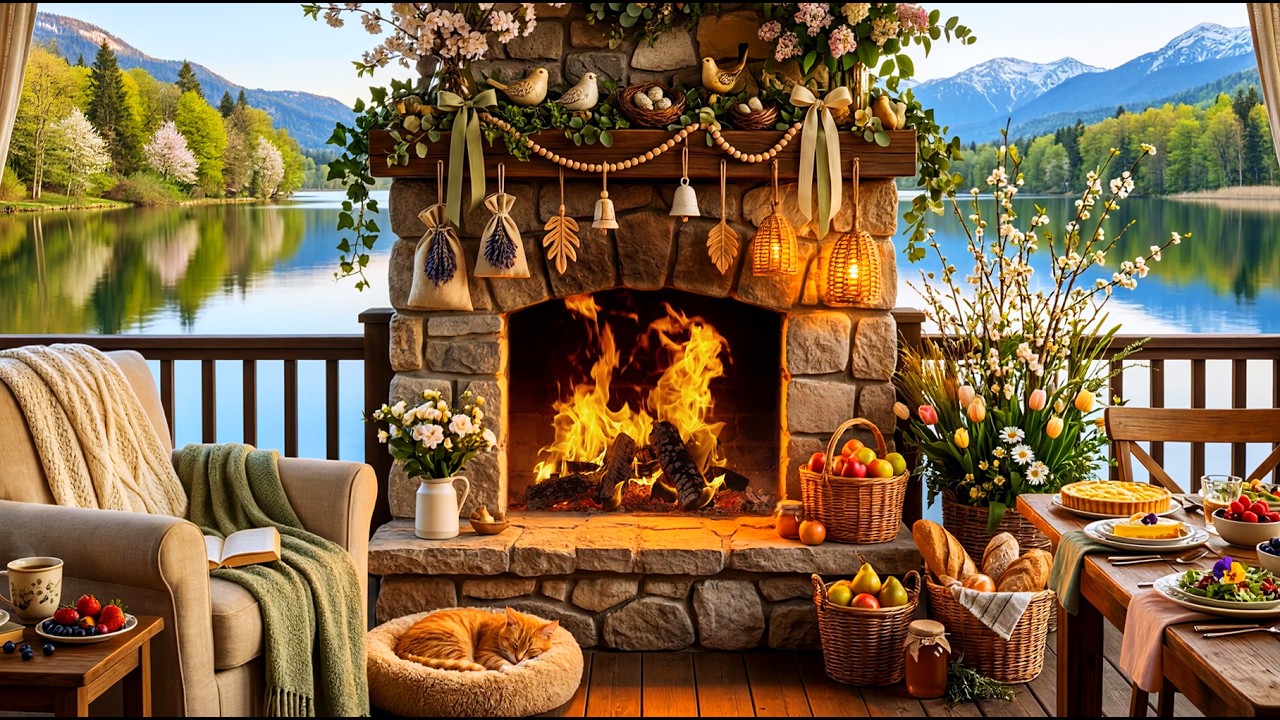 Cozy Spring Fireplace by the Lake 🔥 Relaxing Fire Sounds and Peaceful Nature Ambience 🌸