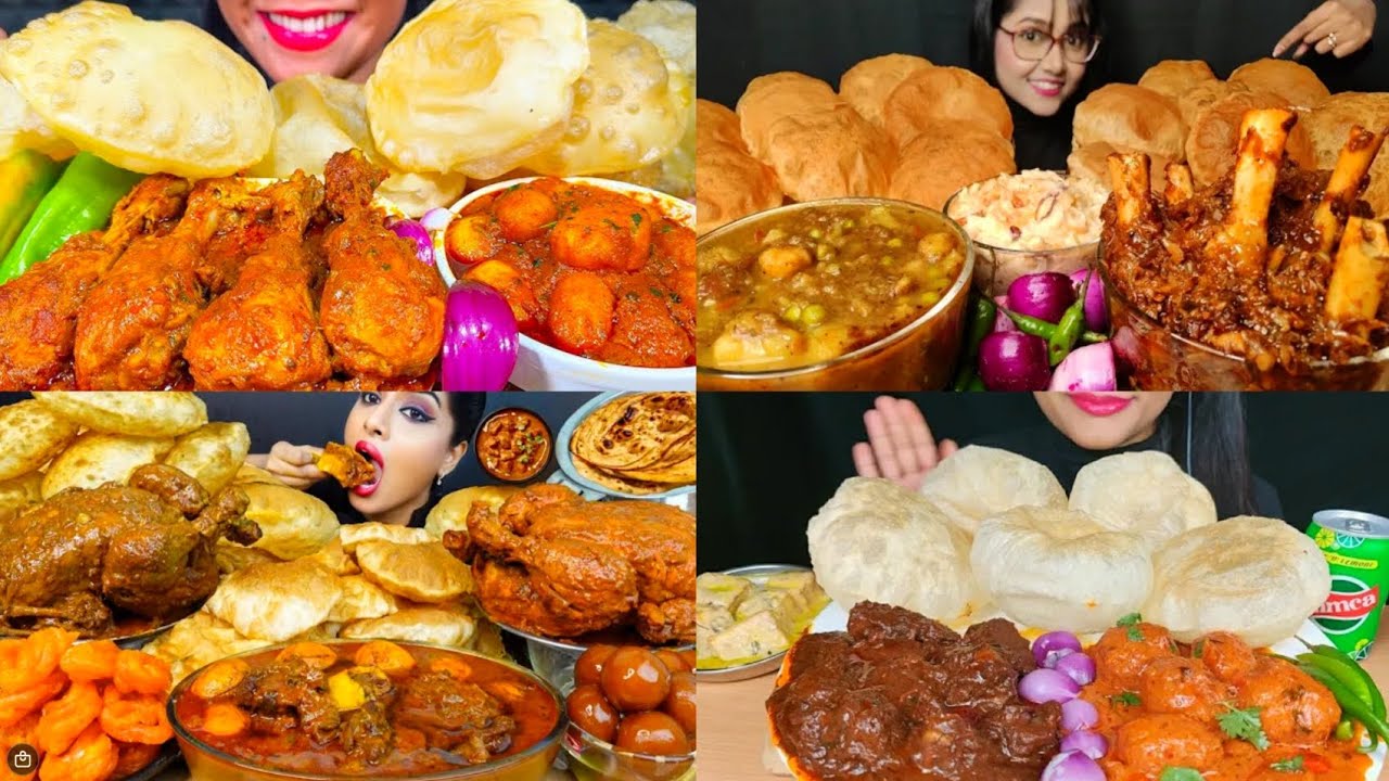 ASMR EATING LOTS OF CHICKEN MUTTON CURRY WITH SOFT PURI , EATING CHALLENGE #mukbang #asmreating 